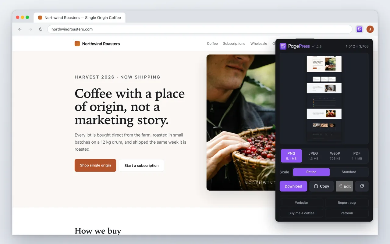 A browser window showing a coffee roaster's landing page, with the PagePress popup open at the right. The popup previews the entire page as one tall thumbnail and lists four format buttons with file sizes: PNG 5.1 MB, JPEG 1.3 MB, WebP 706 KB, PDF 1.4 MB.