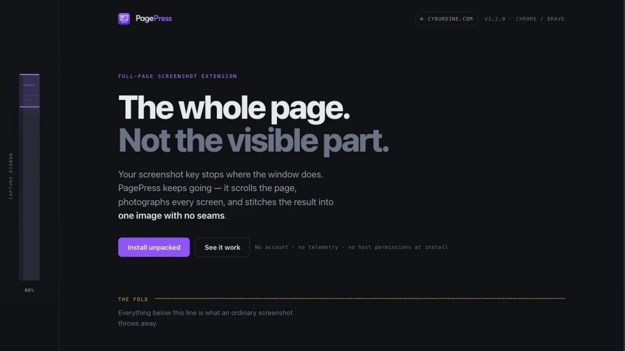 The PagePress website: the headline The whole page. Not the visible part., with Install unpacked and See it work buttons.