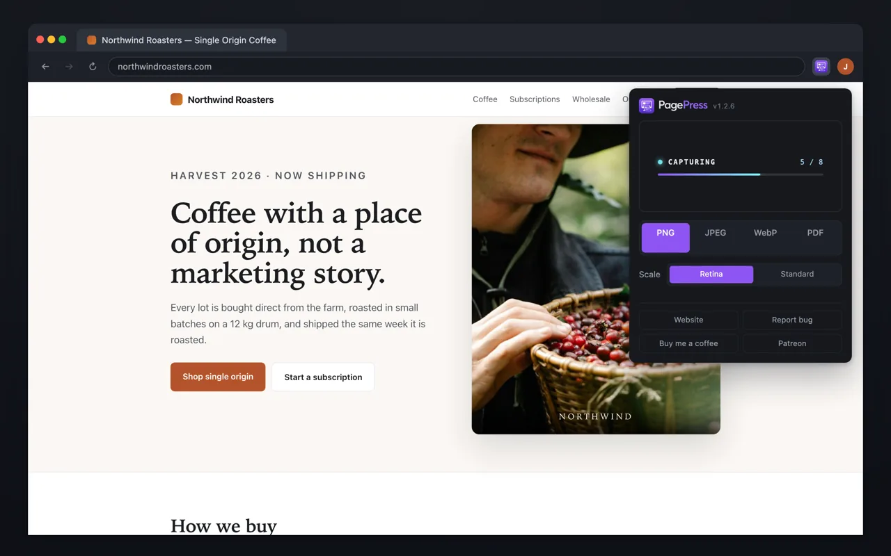 The same page with the PagePress popup open, the preview panel replaced by a progress readout: a pulsing dot, the label CAPTURING, a progress bar, and a counter reading 5 of 8.