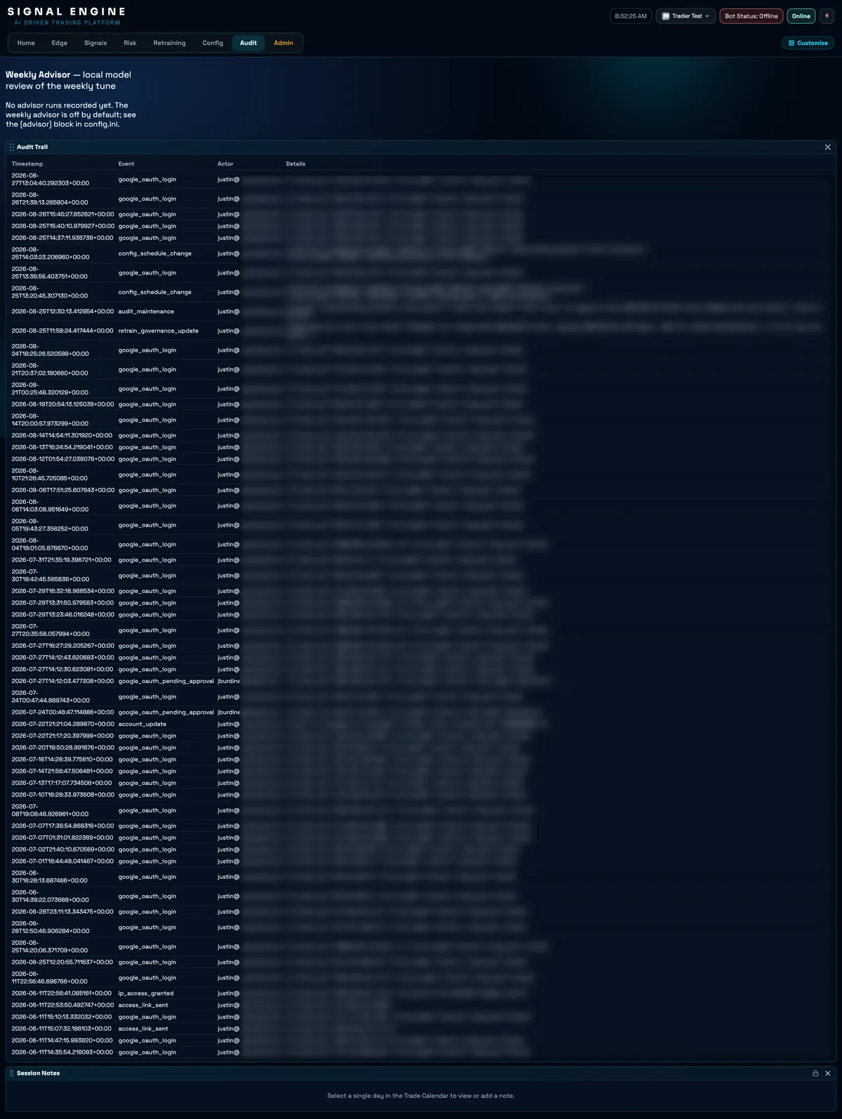 The Audit view: an append-only table of events including config changes, governance updates and IP access grants, each row carrying a microsecond timestamp and the acting account.