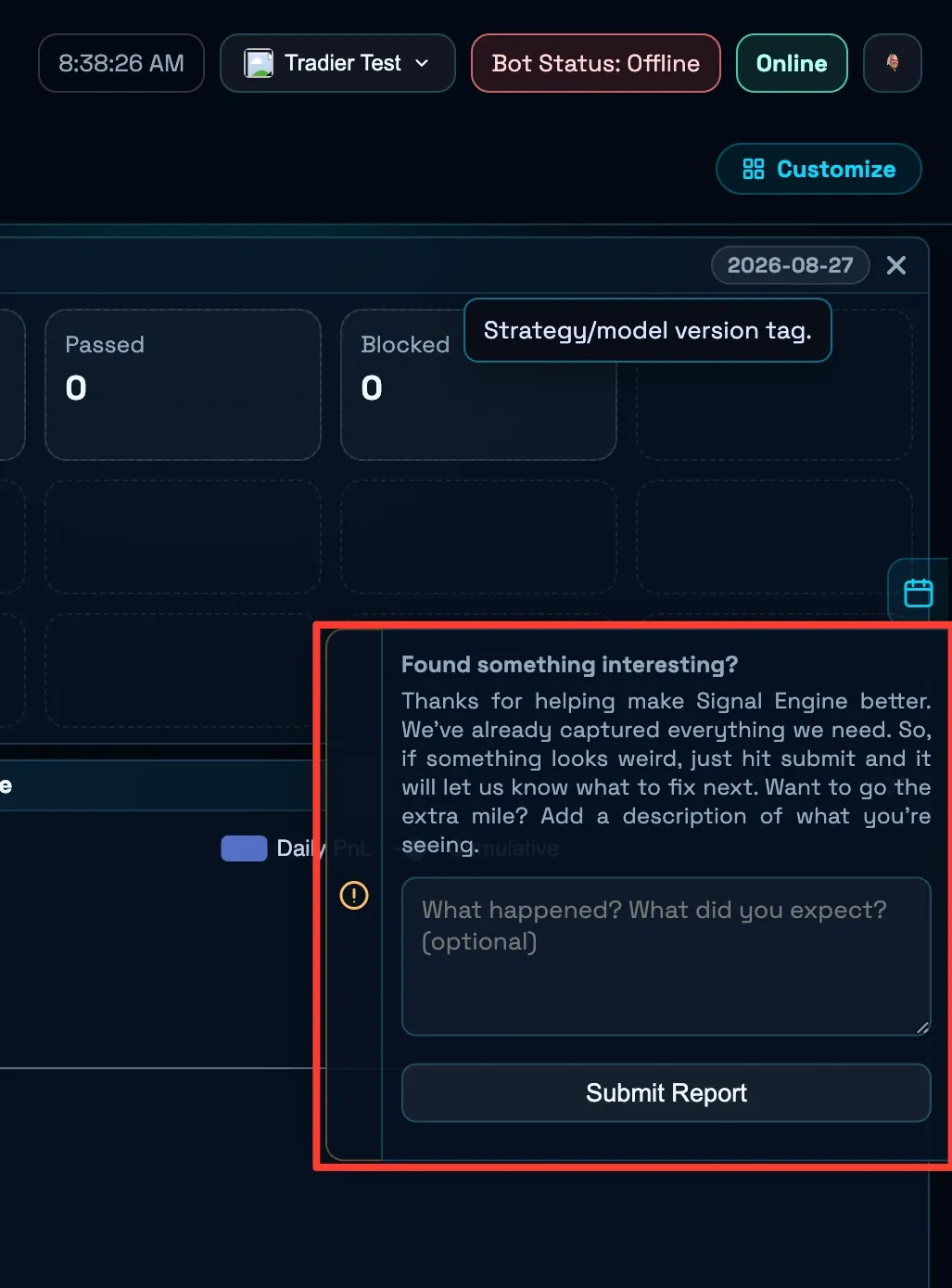 The issue reporter: a small dialog with an empty description box, showing that the current view, the active filters and the console log have already been attached automatically.